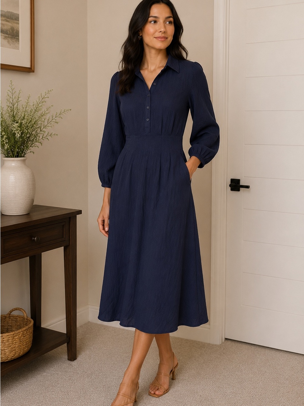 Max Studio Navy Textured Long-Sleeve Shirt Dress